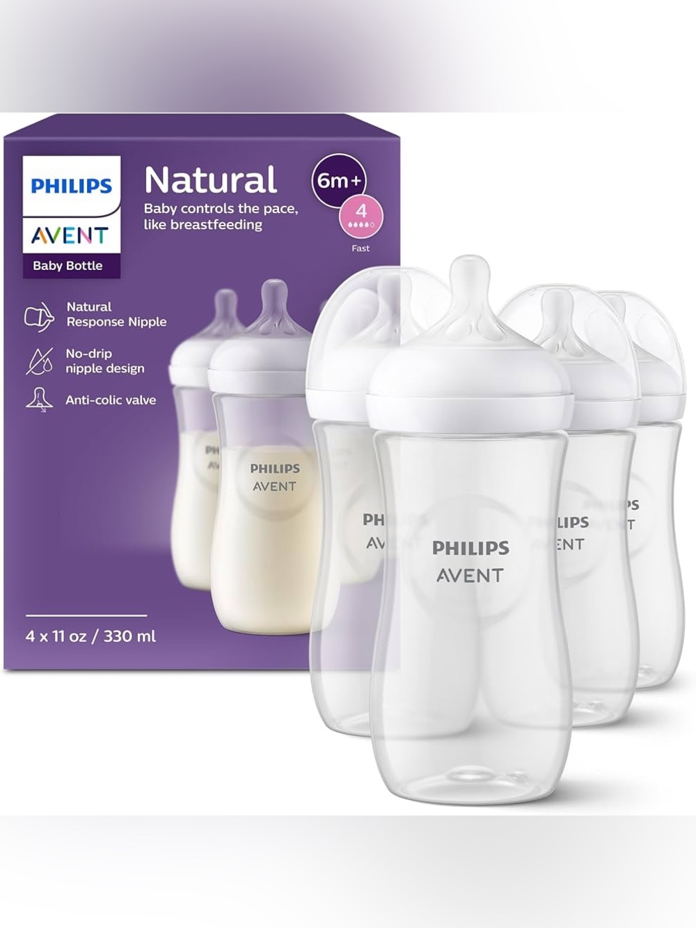 Philips Avent Natural Baby Bottles, Fast Flow, 11 oz, BPA-Free, 4-Pack